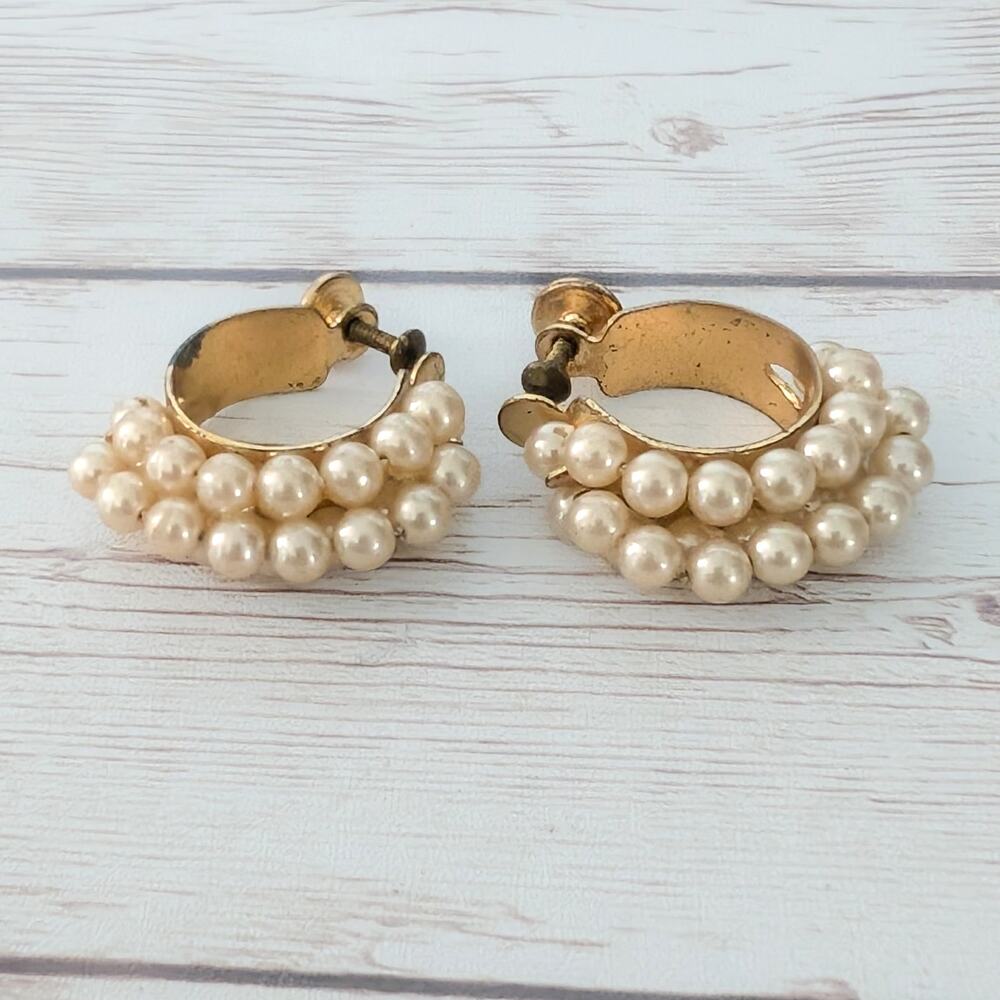 Vintage Screw Back Earrings Faux Pearl Hoops - Condition Issues